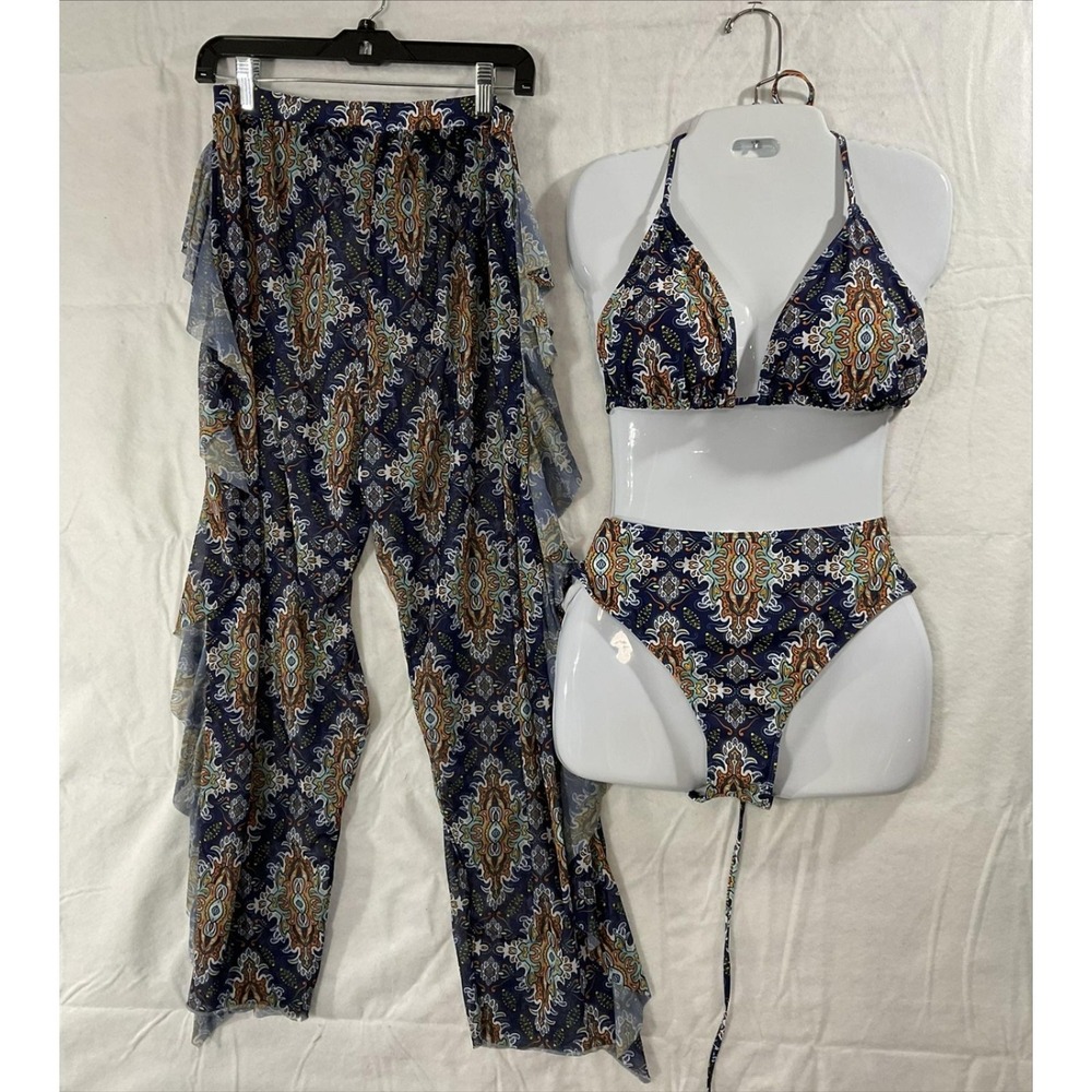 Bikini Set Womens 1XL Blue Paisley 3 Piece High Waist Sheer Ruffle Pants Swim